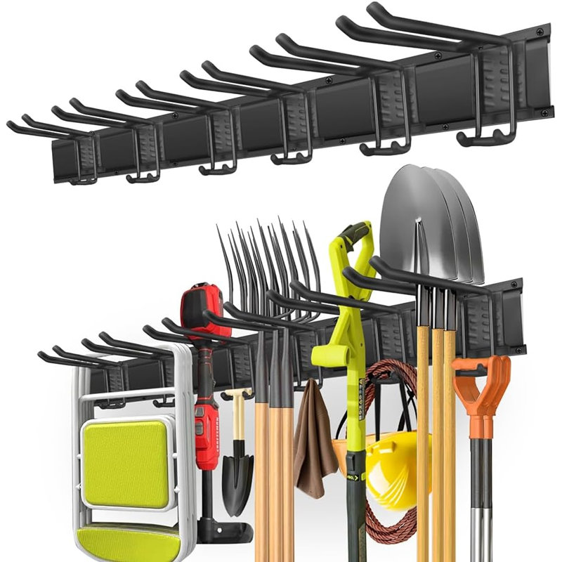 Support mural pour outils de garage avec rails de 48 pouces et 6 crochets à double couche
