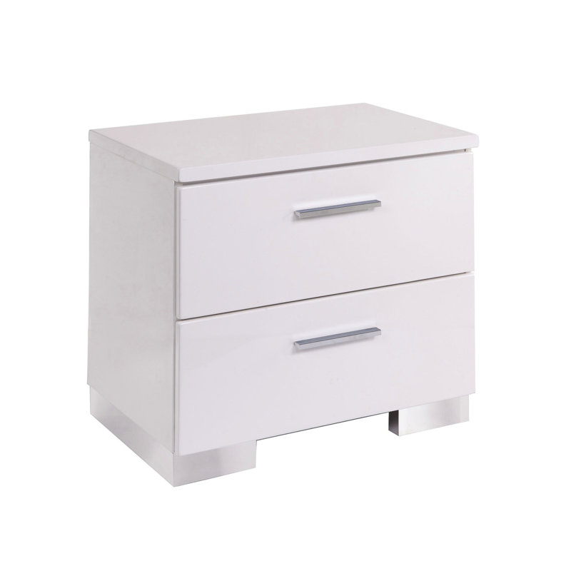 Table de chevet blanche à finition brillante avec 2 tiroirs et pieds pour les pieds de la chambre à coucher, clignotant