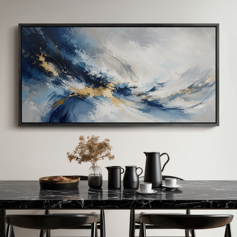 Très grande impression sur toile encadrée abstraite contemporaine bleu marine, blanc et or, H 30 po x l 60 po, Noir
