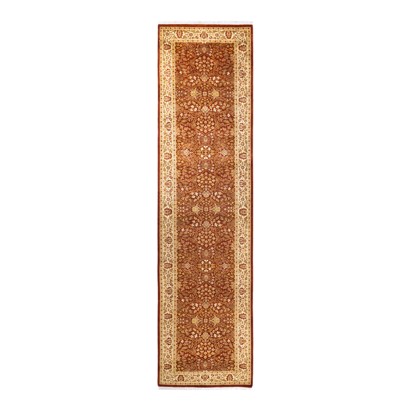 Tapis de couloir orange en laine noué à la main de conception unique 3 pi 2 po x 12 pi 7 po Hayner