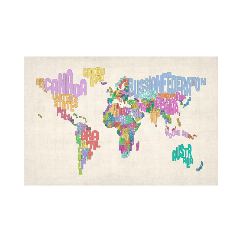 Text World Map by Michael Tompsett - Wrapped Canvas Painting, 20.32 cm H x 30.48 cm W
