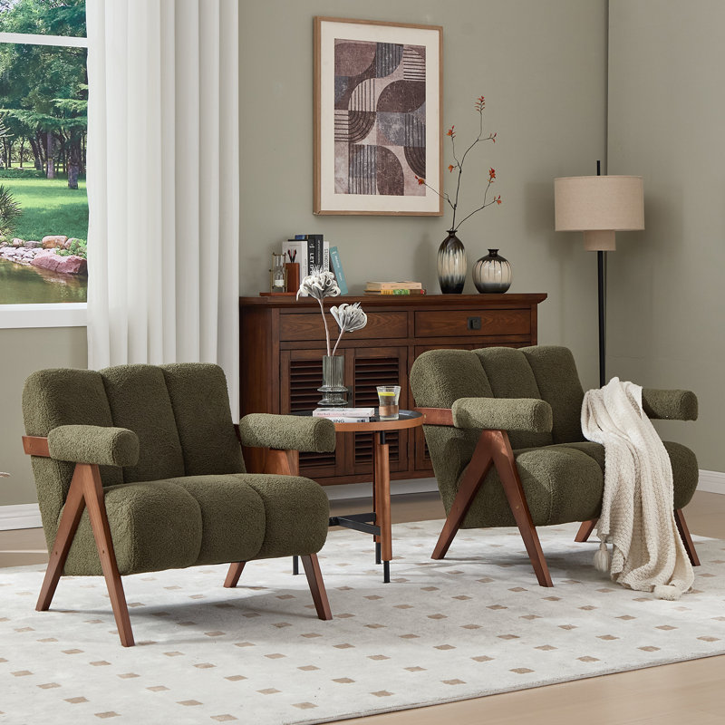 Modern Upholstered Accent Armchair Living Room Chair With Sherpa Arms, Green Sherpa Fabric, 2 Set, Green