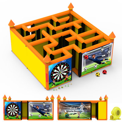 Labyrinthe gonflable 3 en 1 avec cible de fléchettes de soccer et écran de cinéma extérieur, ensemble de divertissement combiné de 5 m x 5 m pour fêtes dans la cour arrière avec souffleur de 950 W (orange)
