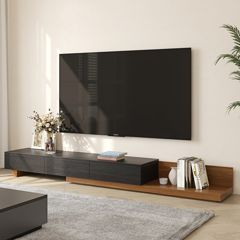 Carmavy Extendable TV Stand For Tvs Up To 85'' With Storage Drawers, Matte Black/Walnut