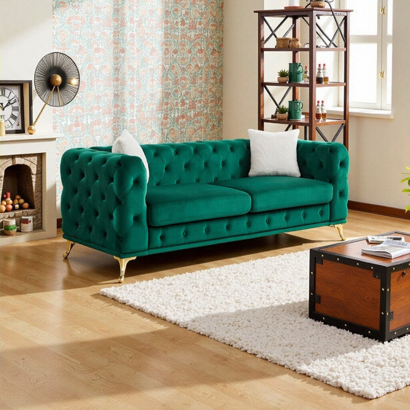 Canapé en velours 82,5 pouces avec boutons matelassés Chesterfield, Vert