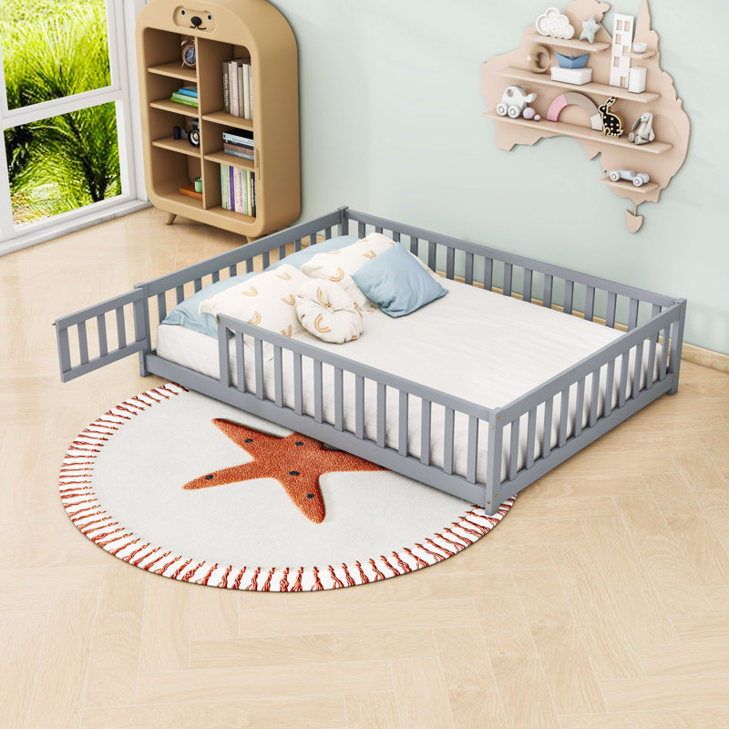 Wood Floor Bed With Fence, Gray, Full