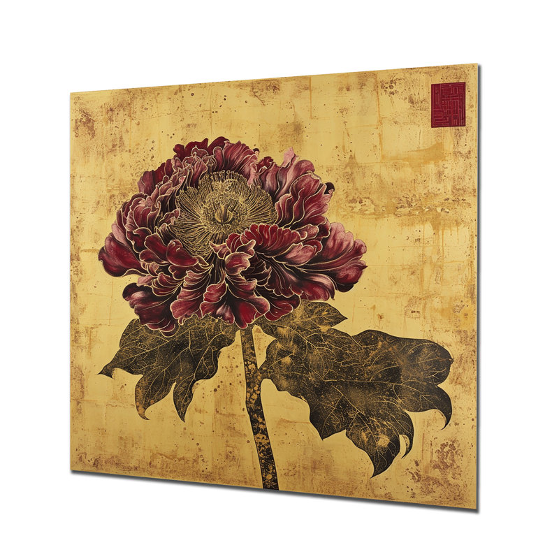 Rose rouge, Illustration rétro asiatique - Art mural rose, Métal métal, H 16 po x l 16 po x P 1 po