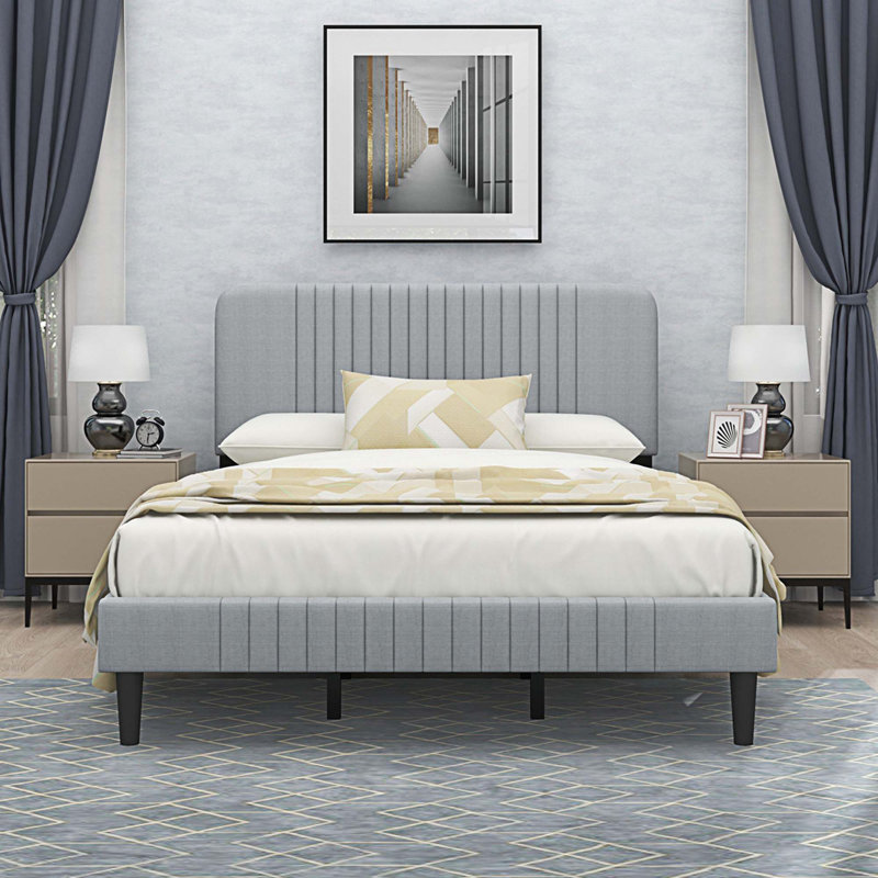 Upholstered Metal Bed, Full / Double, Light Gray