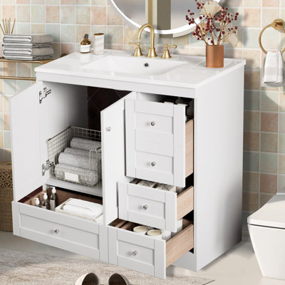 36" Free-Standing Bathroom Vanity Cabinet With Ceramic Sink,Bathroom Storage Cabinet,White