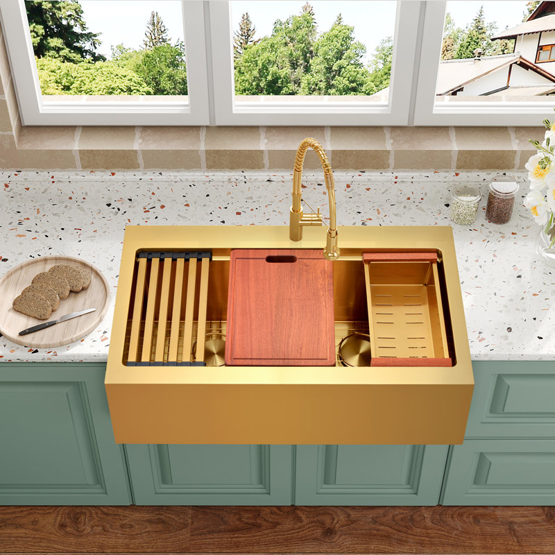 Évier de cuisine en acier inoxydable à double cuve 50/50 L 36 po x l 22 po avec accessoires, Doré
