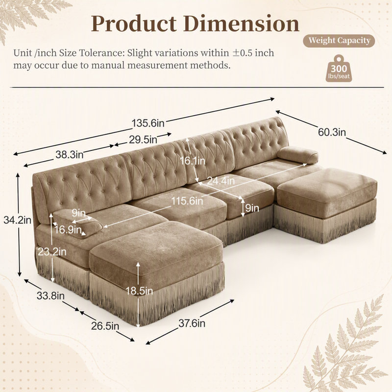 Canapé modulaire 4 places avec 2 repose-pieds, jupe à pampilles, conception capitonnée, mousse haute densité, base ergonomique en bois de qualité supérieure, brun clair