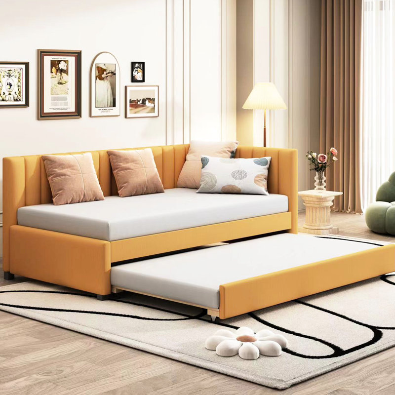 Twin Size Bed With Trundle, Upholstered In Yellow Linen, Modern Design Daybed Linen And Build, No Box Spring, Yellow