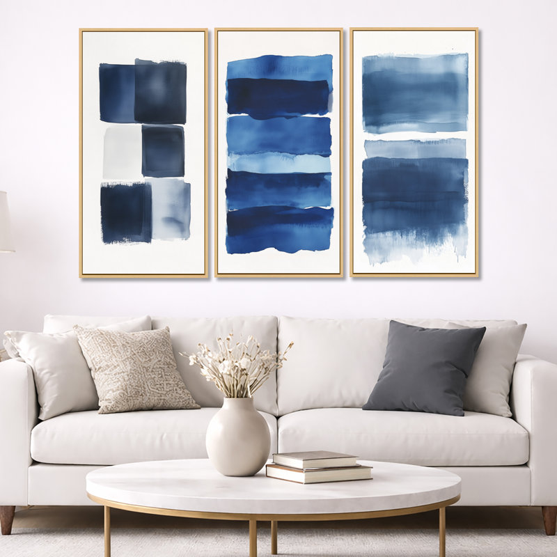 Indigo Horizon I - abstrait, reproduction sur toile 3 pièces, H 40 po x l 60 po, Cadre flottant en bois naturel