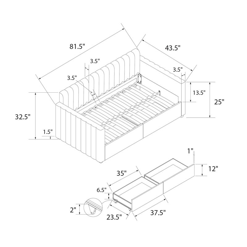 Twin Gray Linen Upholstered Daybed with Storage Drawers