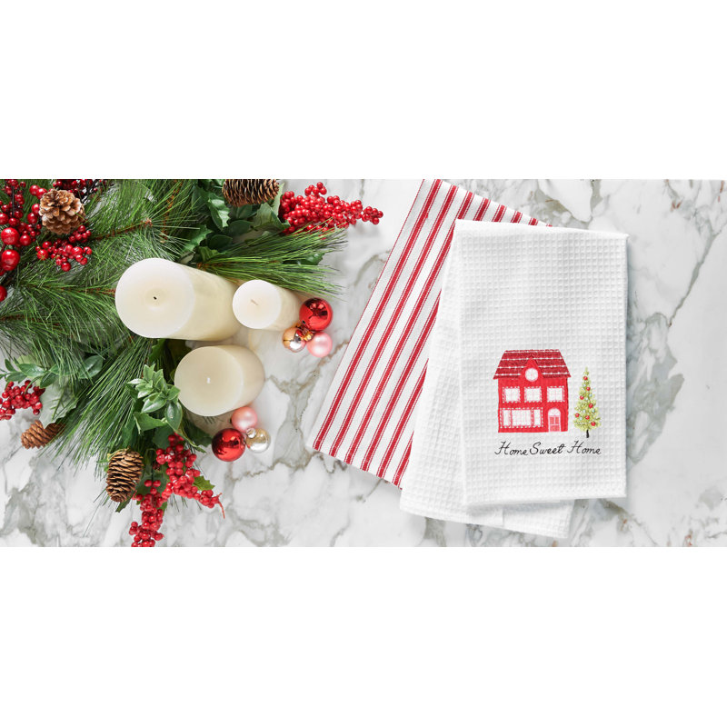 "Home Sweet Home" Christmas Tree & House 100% Cotton Waffle Weave Dishtowel