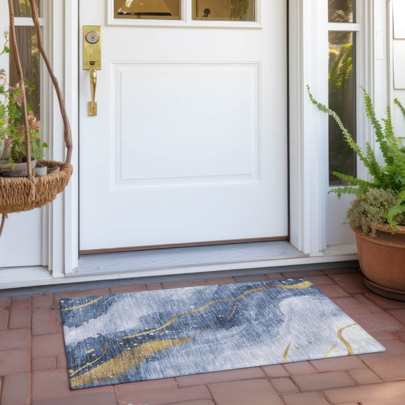 Machine Washable Indoor/Outdoor Claudian ACN1529 Blue Rug, Rectangle 1'8" x 2'6"