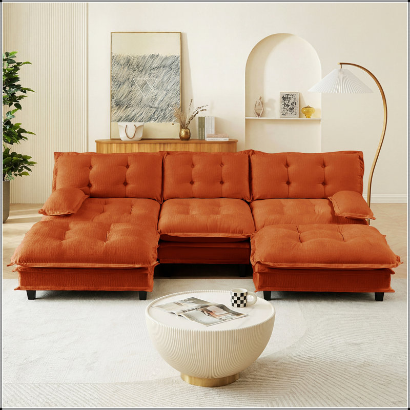 Upholstered Chenille U-Shaped Sectional with Ottoman, Green Chenille, 35.4" H x 138.5" W x 60.1" D