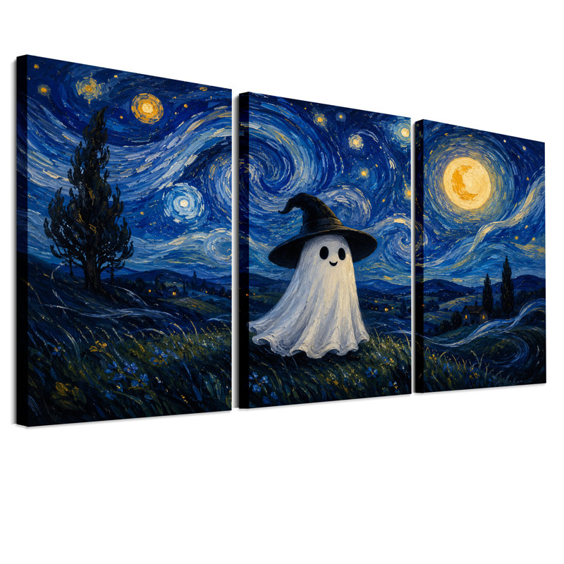 «White Ghost in Black Witch Hat Under Halloween», ensemble de 3 toiles murales, H 30 po x l 20 po x 3 pièces