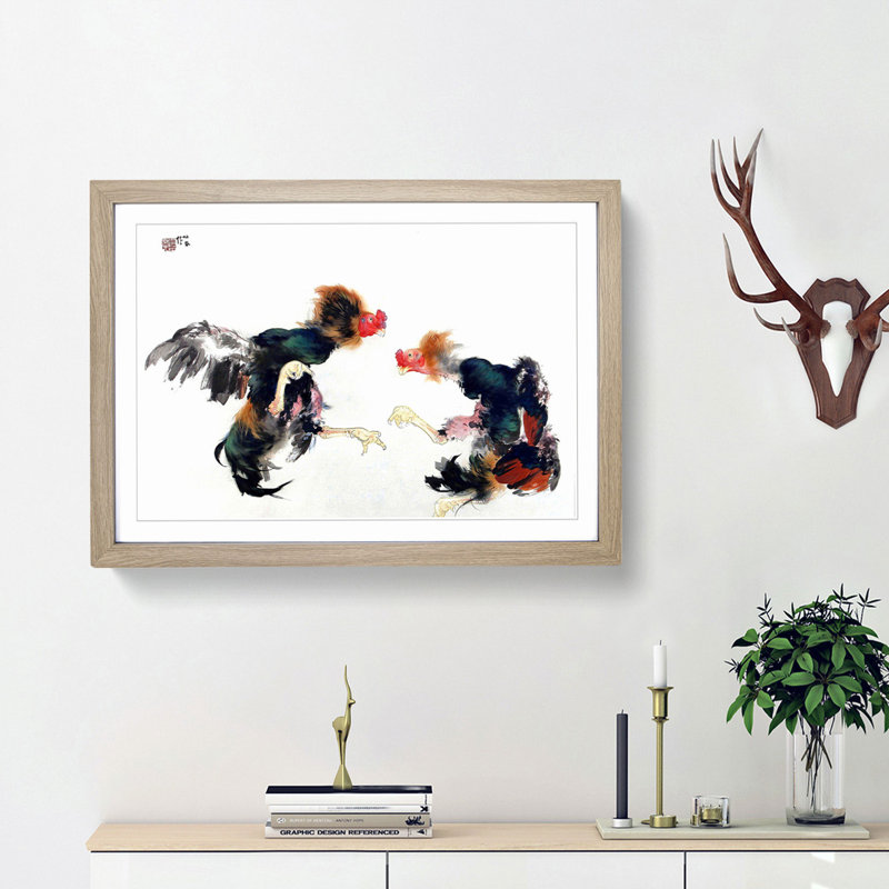 Fighting Cocks by Takeuchi Seiho - Picture Frame Art Print, Oak Framed, 27cm H x 36cm W x 2cm D