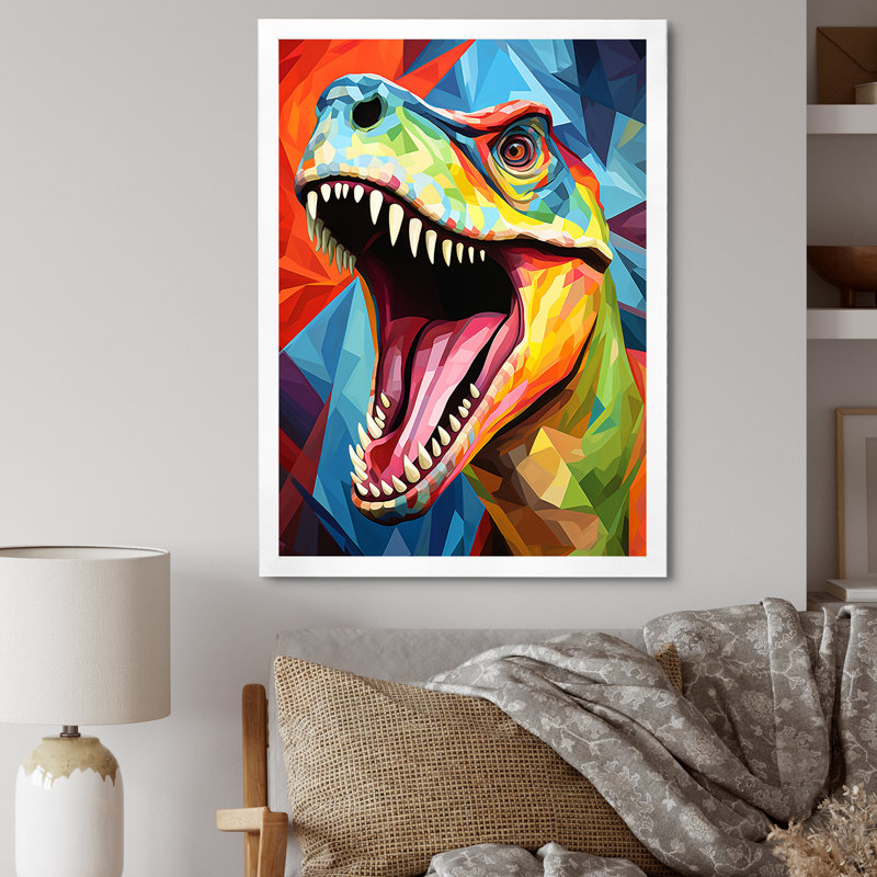 Cubiste coloré Trex Dino I - dinosaure, art mural, Cadre simple blanc, H 20 po x l 12 po x P 1 po