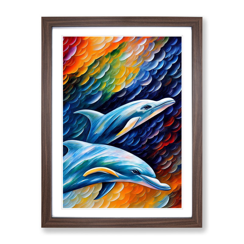 Two Dolphin - Single Picture Frame Painting, 34cm H x 25cm W, Brown