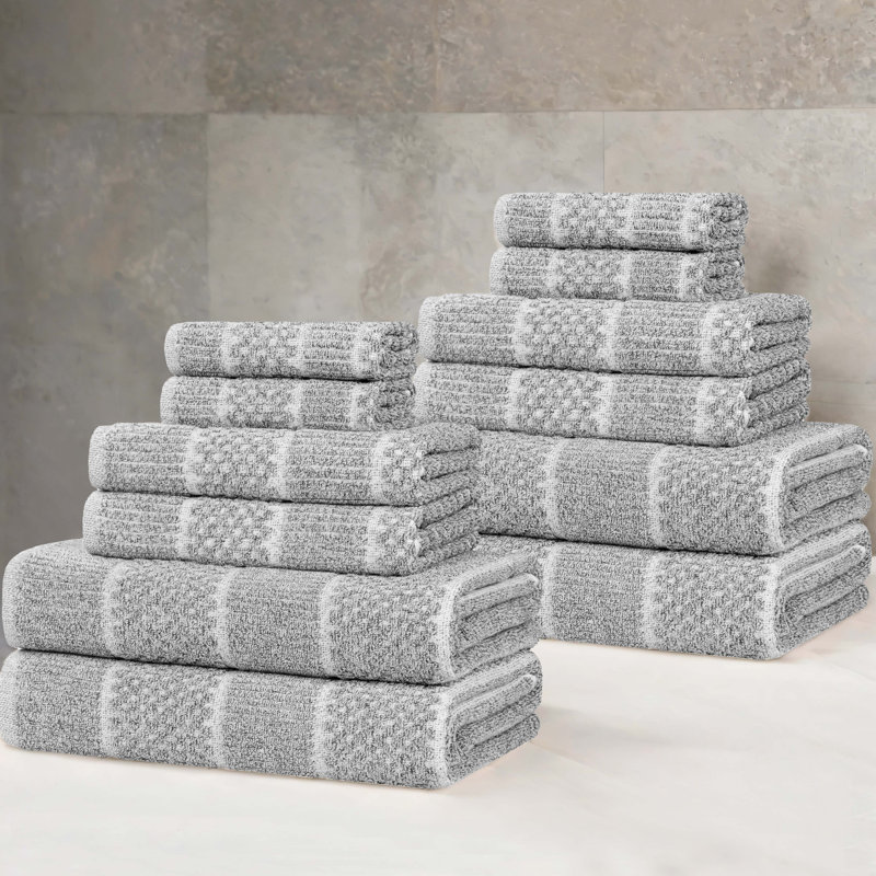 Naples Viscose Cotton Blend Medium Weight Checkered Quick Dry 12 Piece Towel Set, Charcoal