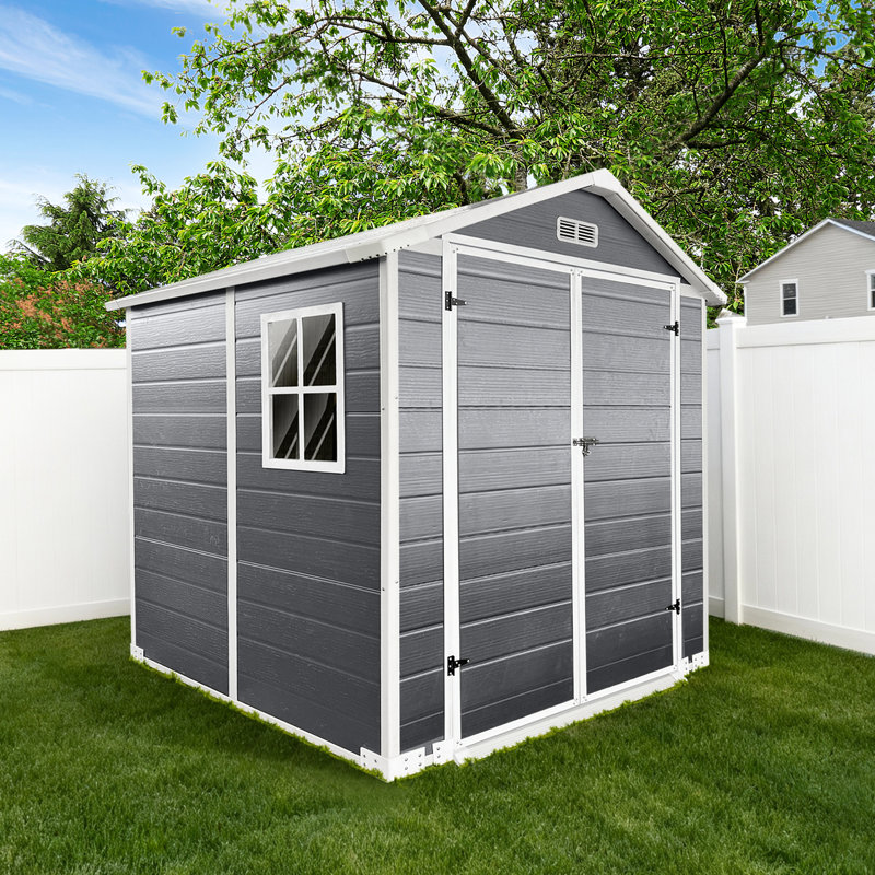 Remise de rangement en plastique grise 6 pi x 6 pi avec plancher, porte verrouillable et ventilation pour porte de patio, jardin et fenêtres