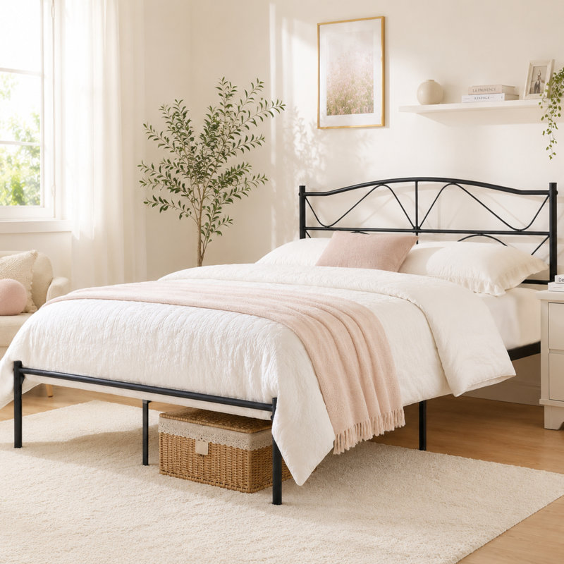 Metal Bed Frame with Headboard Heavy Duty Strong Steel Slat Support Platform Queen Size Bed No Box Spring Needed, Easy Assembly, Black
