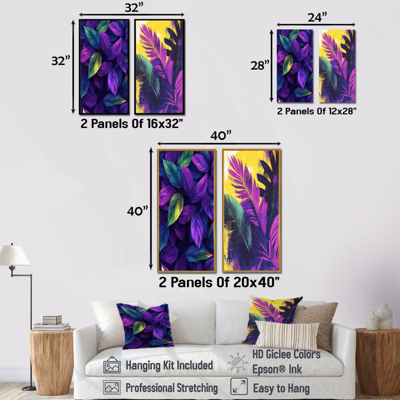 «Vibrant Leaf Explosion Of Mauve I», art mural floral 2 pièces, Cadre flottant noir, H 32 po x l 33 po