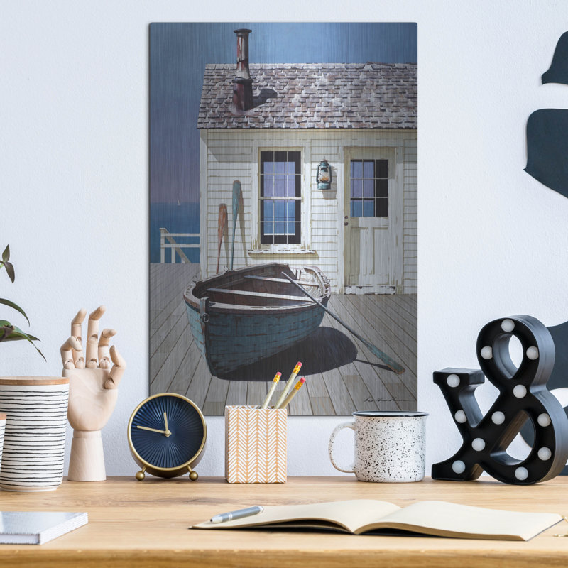 Longshore Tides «Blue Boat On Deck» par Zhen-Huan Lu, art mural en métal, H 16 po x l 12 po