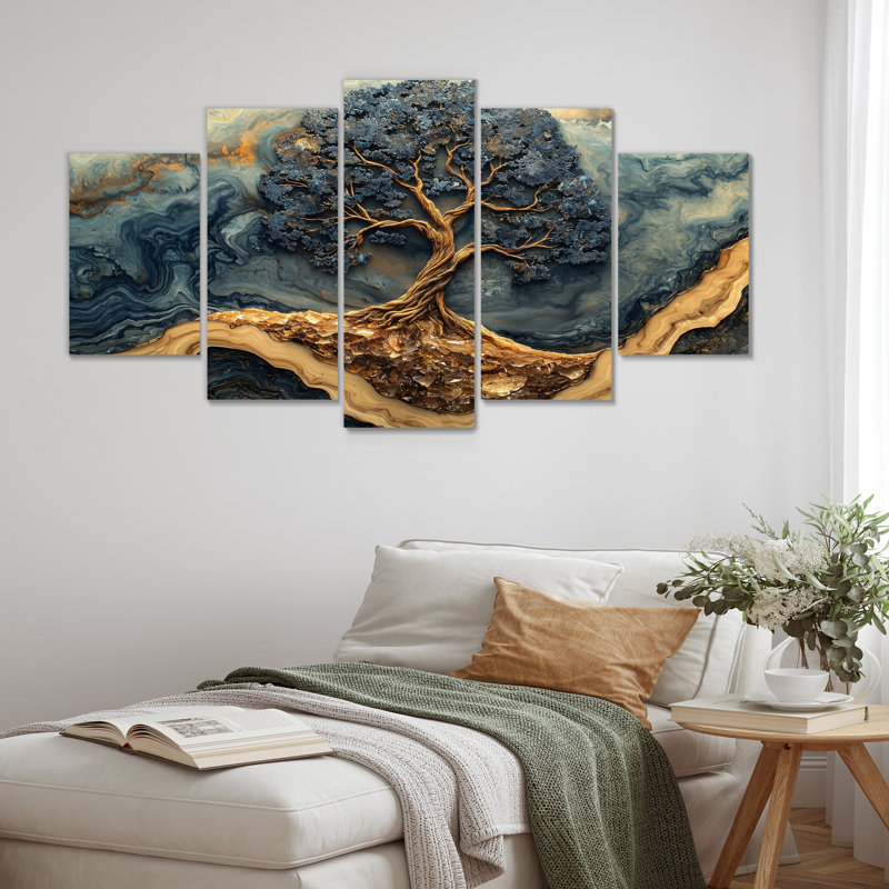 Blue Gold Tree Of Life In A Forest Landscape - Tree Of Life Wall Art - Traditional Wall Art Canvas 5 Piece