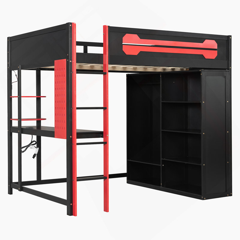 Lit mezzanine en bois pleine grandeur avec bureau, garde-robe ouverte et lumière RVB, rouge