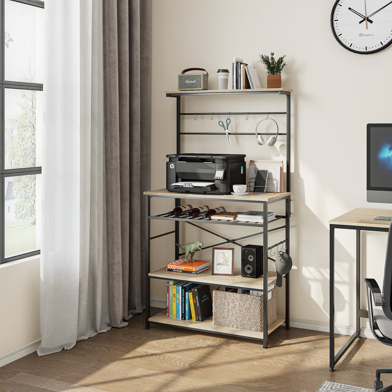Étagère de boulanger standard en acier de 31,5 po avec micro-ondes Beene, Noir / chêne clair