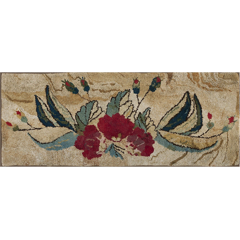 Antique American Folk Art Red Rose Pattern Hooked Rug
