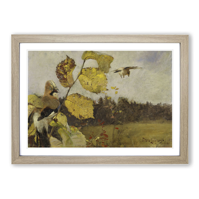 Jay Birds by Bruno Liljefors - Picture Frame Painting, Oak, 36cm H x 48cm W x 2cm D