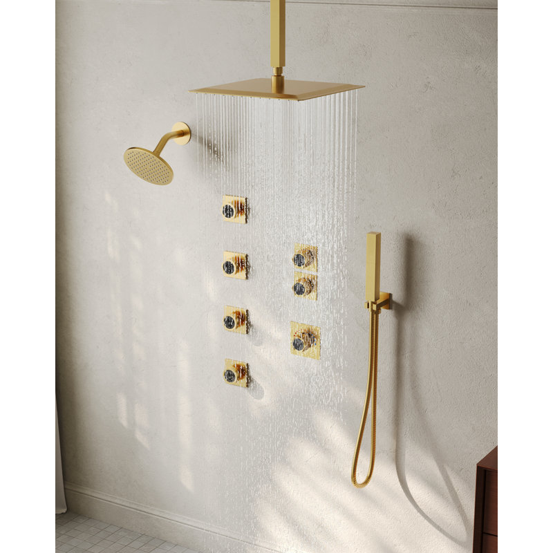 DualJet Spa 12" & 6" Dual Showerheads System,  Thermostatic Shower Faucet with Rough-in Valve, Brushed Gold