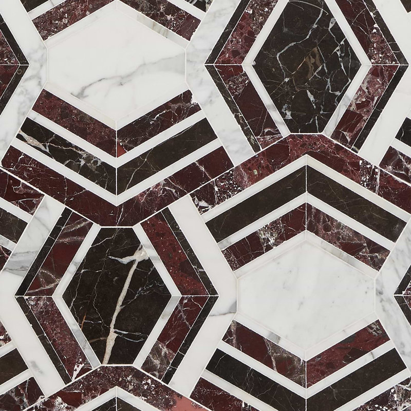 Mezzo 11x18 Polished Calacatta Marble Mosaic Tile, Bordeaux Polished