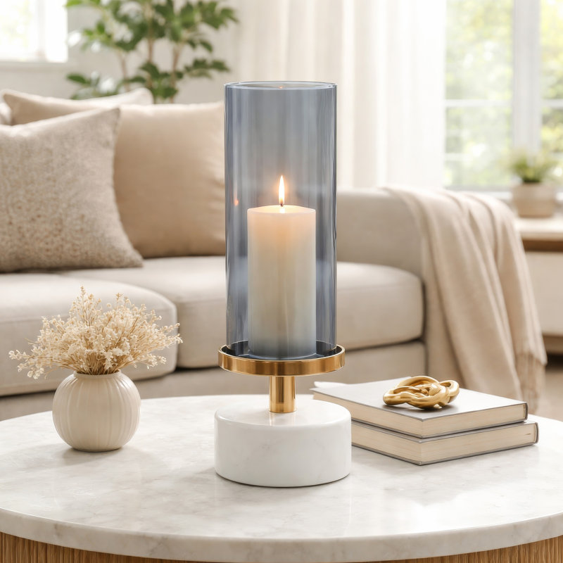 Fem Hurricane Candle Holder, White Marble Base, 16 Inch Gray Glass