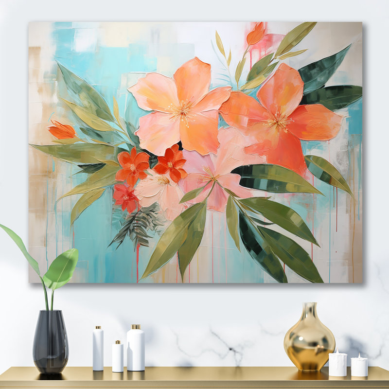 Art moderne moderne, fleurs tropicales roses et vertes - Collages abstraits, H 30 po x l 40 po x P 1,5 po, Toile tendue