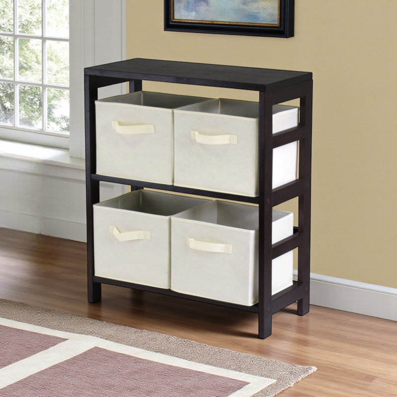 Irmfriede Espresso 5-Pc Storage Shelf With 4-Foldable Beige Baskets, 29.03" H X 24.93" W X 11.06" D