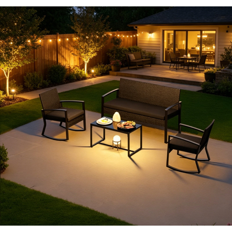 Ensemble de patio berçant en rotin PE pour 4 personnes - Structure en acier durable et coussins rembourrés, Gris, Noir