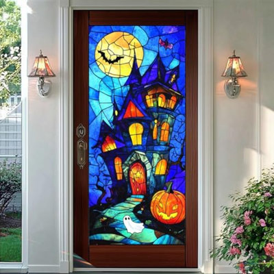Halloween Haunted House Stained Glass Window Film Spooky Pumpkin Bat Decorative Window Cling Privacy Static Sticker Ghost Glass Film For Party Decor 17.7 X 39.3 Inch