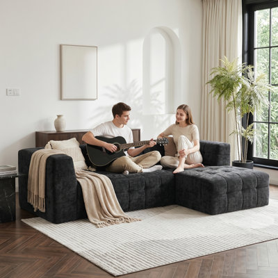 Canapé d'angle modulaire en chenille de 267 cm (105 po) avec méridienne, sans ossature apparente, noir. Aucun assemblage requis.