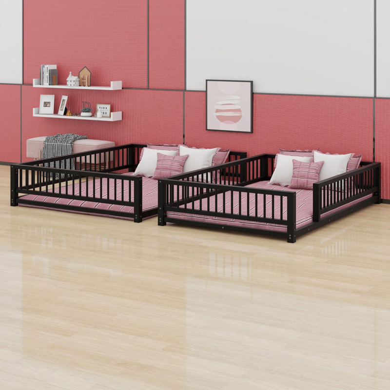 Floor Bunk Bed Frame With Ladder And Safety Guardrails, Black