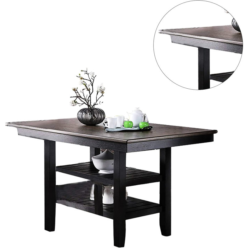 Table de salle à manger à hauteur de comptoir de style moderne avec table basse foncée, 2 tablettes de rangement, table d'hévéa pour espace, abat-jour, ambiance de pièce