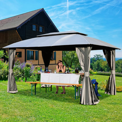 Grey Gazebo 10X14ft. Double Roof, Protection. Metal Frame. . Accommodates 6-8. Patio, Deck Tent Privacy Curtains, Netting. For Backyard, Lawn