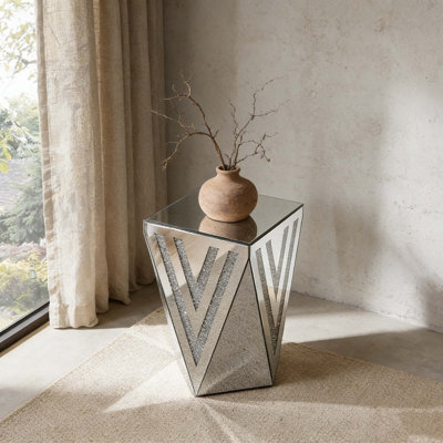 Inverted Triangular Mirrored Side Table, Crystal Diamond Inlaid Silver Glass Accent Table For Living Room, Hallway & Bedroom