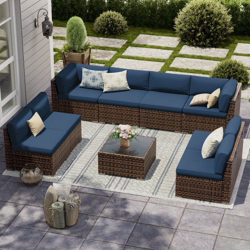 Avamay Rattan Sectional Seating Group with Cushions, Navy Blue Performance Microfiber, No