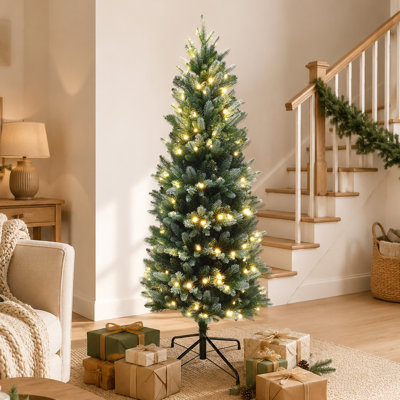 5 Ft Pre-Lit Slim Realistic Artificial Christmas Tree with Frosted Tips & 150 Warm White LED Lights