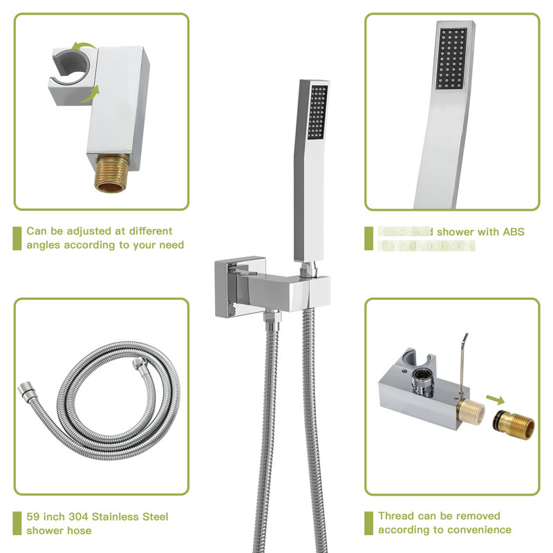 Dual Function Shower - 16 Inch Ceiling Mount Square With Rainfall And Hose Kit System In Head Handheld Functions, Chrome